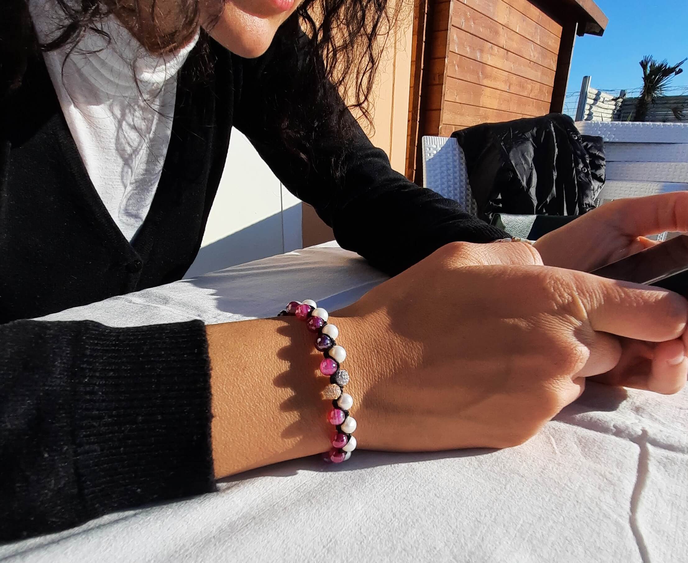 Ek Saaht Bracciale Argento 925% Occhio Tigre Perla acqua dolce A++